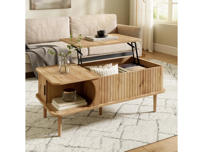  Table basse relevable - 100x48x41cm - plateau élevable rangement caché, porte coulissante rainurée pieds bois - chêne naturel  - Conforama C