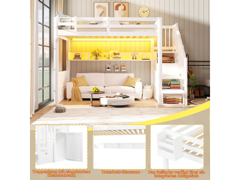  Lit mezzanine 90x200 cm – avec escalier rangement led et 4 compartiments – pin massif et mdf – blanc CozyNest - Conforama D