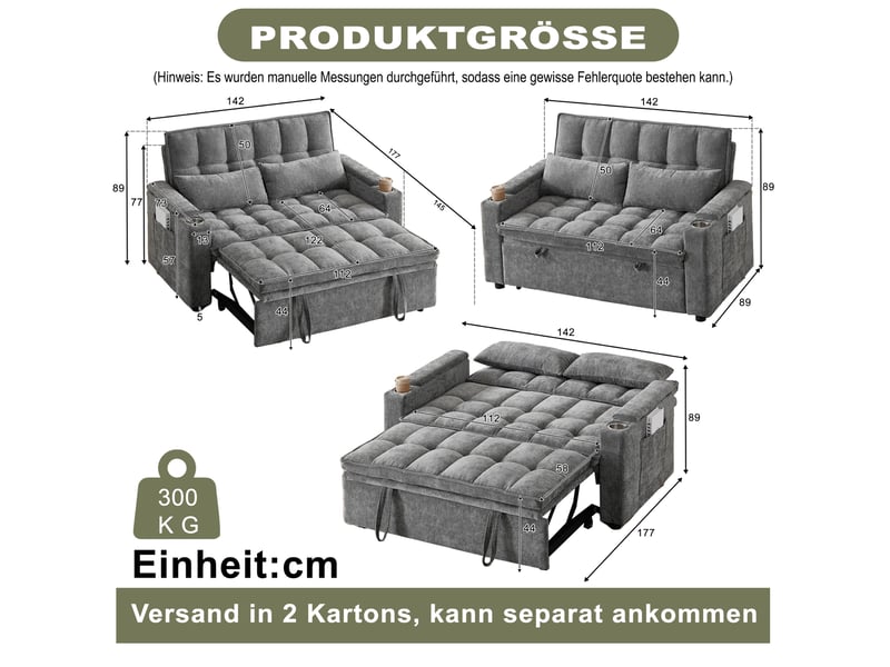 Canapé convertible 3-en-1 avec position allongée, rangements, poches et porte-gobelets en chenille gris - Conforama E