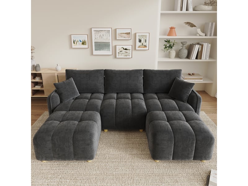Canapé d’angle modulable 5 places 219x136x84 cm, lu convertible, 2 poufs, coussins inclus, tissu chenille, accoudoirs larges, gris Sol Morn - Conforama D