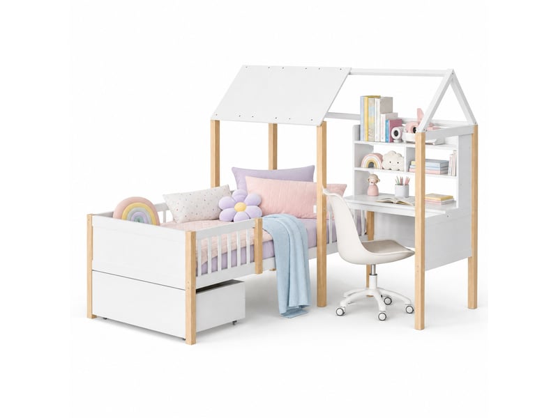  Lit enfant cabane 90 x 200 cm blanc et bois naturel avec bureau, bibliothèque et tiroir à roulettes  - Conforama A
