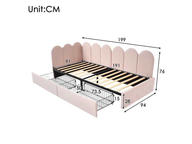 Lit banquette 90x190 cm en velours rose avec 2 tiroirs et sommier - Conforama E