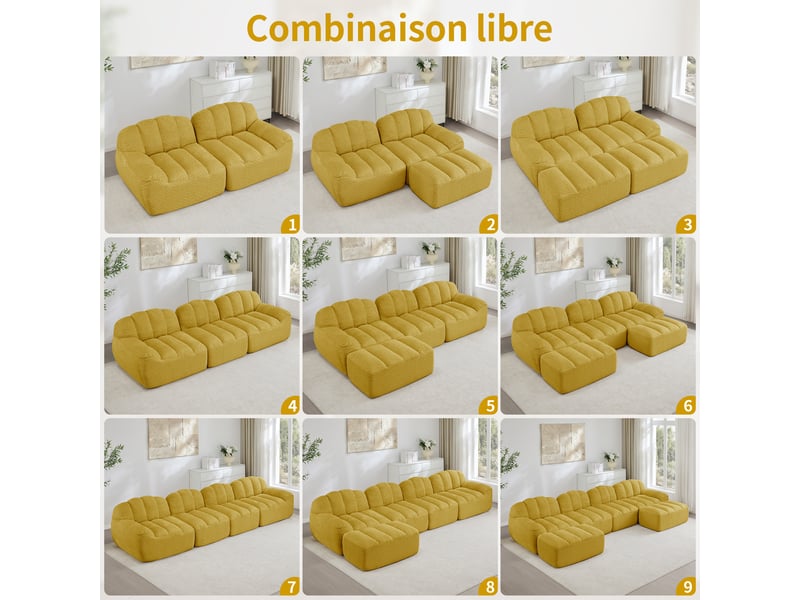  Canapé modulable 4 places jaune en tissu, forme coquillage, assise profonde 366x104x79 cm pour salon W3325S00394 - Conforama W