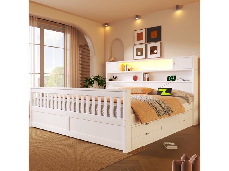  Lit avec rangement 180x200 cm blanc avec rangements, led, usb et 4 tiroirs  - Conforama D