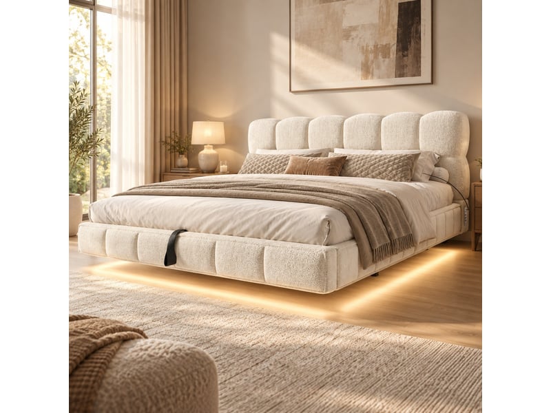  Lit double rembourré 140x200 cm effet suspendu, design nuage, rangement hydraulique, led, usbtype-c, chenille beige, sans matelas Fay Lum - Conforama B