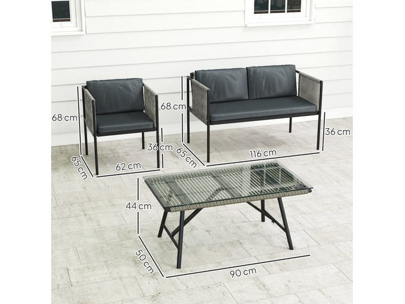  Salon de jardin 4 pièces 116x65x68 cm – gris – canapé 2 places, 2 fauteuils et table en verre trempé  - Conforama C