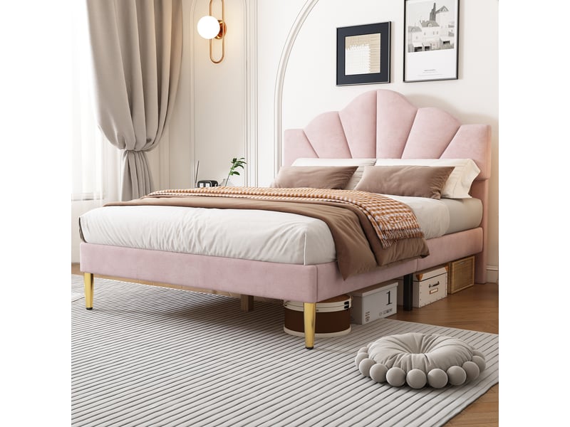  Lit enfant 140x190 cm, lit en forme de coquille avec pieds en fer doré, tête de lit réglable en hauteur, sommier à lattes en bois, rose  - Conforama D