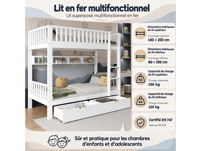  Lit superposé enfant 90 x 200 cm séparable, avec échelle réversible, barrières, étagères et tiroirs, bois blanc  - Conforama E