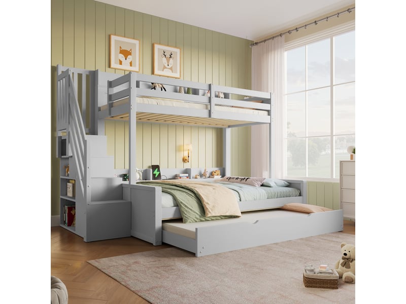  Lit superposé en bois 90 x 200 140 x 200 cm avec lit gigogne 90 x 190 cm, escalier de rangement, usb, gris  - Conforama B