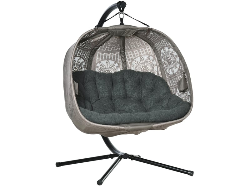  Fauteuil suspendu 2 personnes avec support en acier, pliable, coussin, motif floral, beige sable  - Conforama A