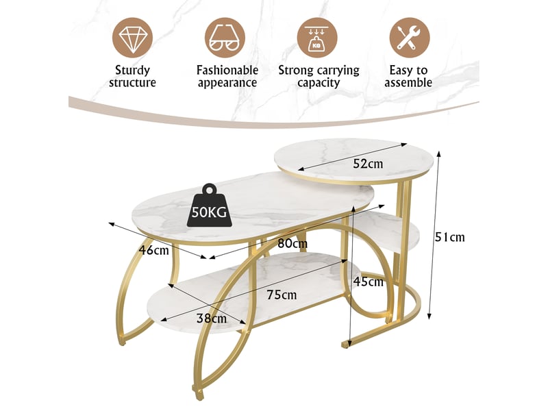  Table basse gigogne 8052cm blanc et doré - design moderne avec plateau effet marbre et double étagère de rangement  - Conforama B