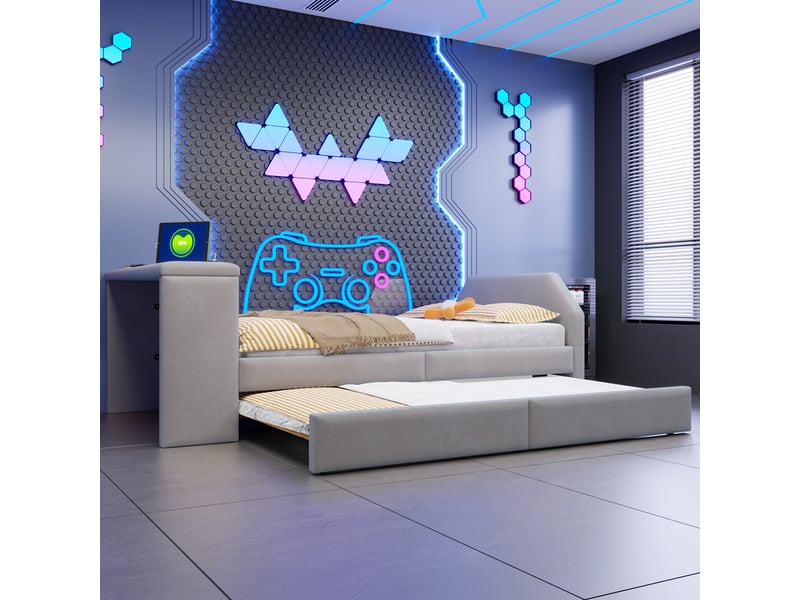 Lit enfant 90 x 200 cm avec bureau intégré, port de chargement usb et lit d'appoint gigogne, velours gris - Conforama D