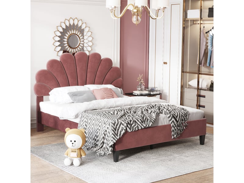  Lit capitonné 140x200cm avec tête de lit à design floral, style tendance, sans matelas, velours, rouge haricot  - Conforama W