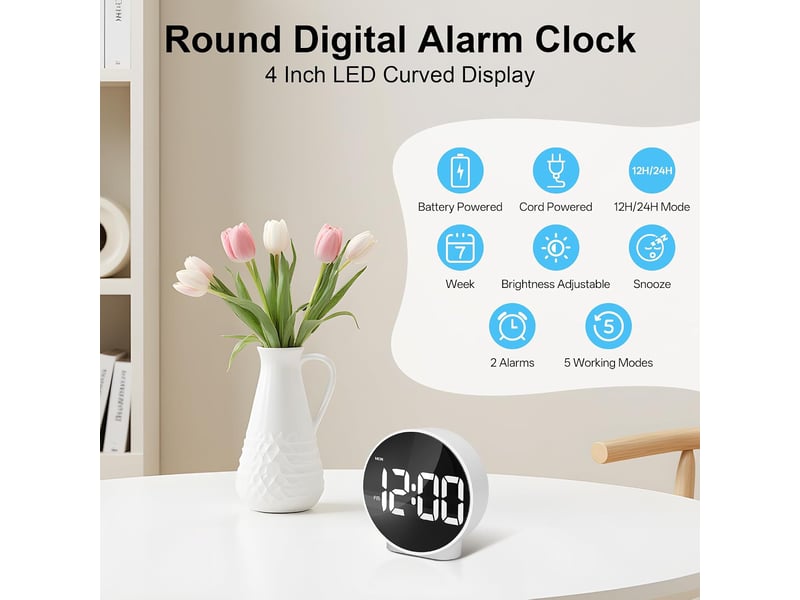  Reveil numerique avec led ecran incurvé, rond digitale reveil matin moderne avec 2 alarme, fonction snooze, 1224h, 4 luminosité réglable, blanc  - Conforama B