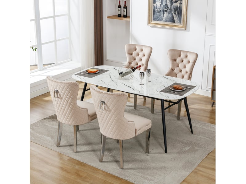 Chaise de salle à manger 53x62.5x94.5 cm lot de 4 en velours beige, dossier muni d'une poignée  - Conforama E