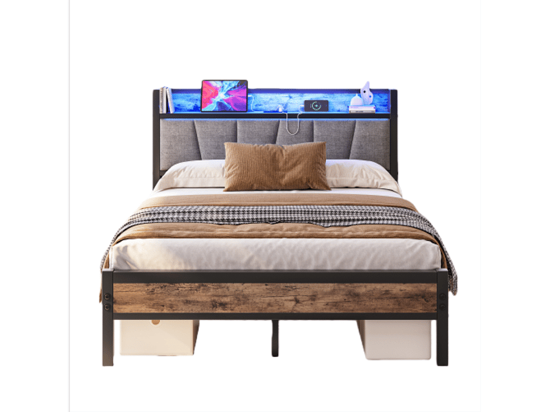  Lit connecté 140x190 avec éclairage led intelligent et station de charge usb,tête de lit rangement, structure métal robuste,brun(sans matelas） ABC - Conforama A
