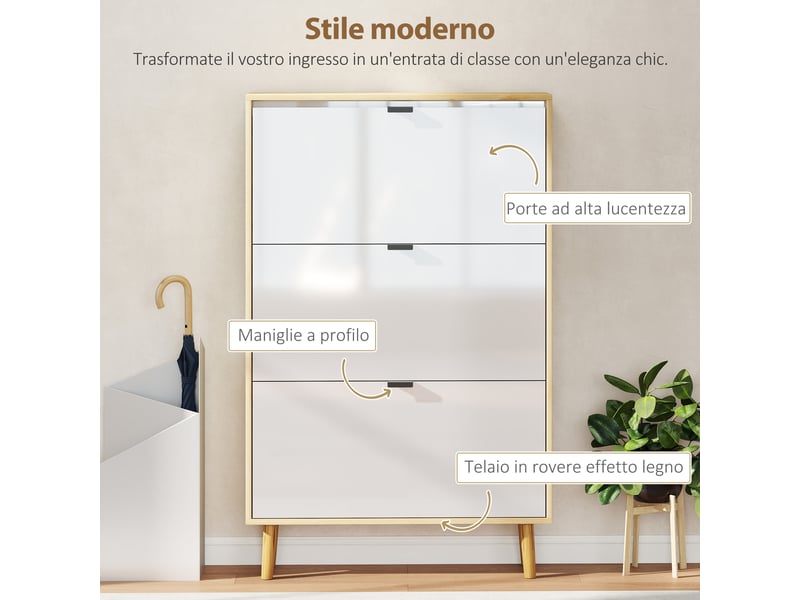  Étagère à chaussures moderne et fine avec 3 tiroirs inclinables pour 24 paires de chaussures, 80 x 24 x 127 cm, blanche  - Conforama E