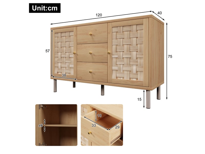  Buffet style campagne couleur chêne, commode de rangement 120x40x75 cm (sans matelas).  - Conforama B