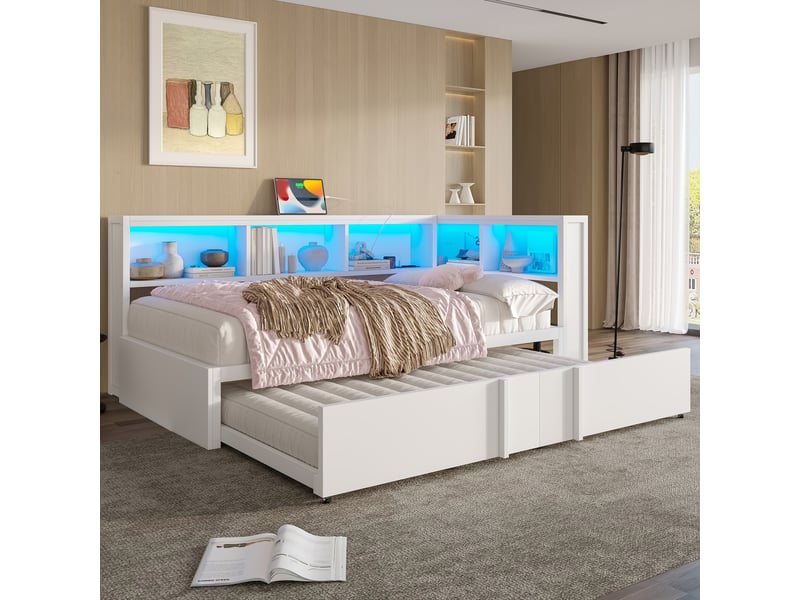  Canapé-lit 90x200 cm avec éclairage led et prise usb, lit adulte avec lit gigogne, noir, lit 1 personne  - Conforama D