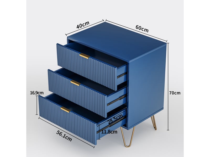  Commode 3 tiroirs - 60x40x70cm - commode de chambre avec façades cannelées, poignées et pieds épingles métal - bleu foncé  - Conforama E