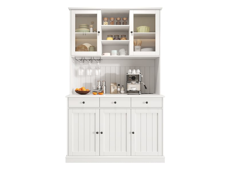 Buffet haut de cuisine avec 2 portes vitrées, tiroir, porte-verres et prises pour séjour, blanc, 120 × 40 × 191 cm  - Conforama A