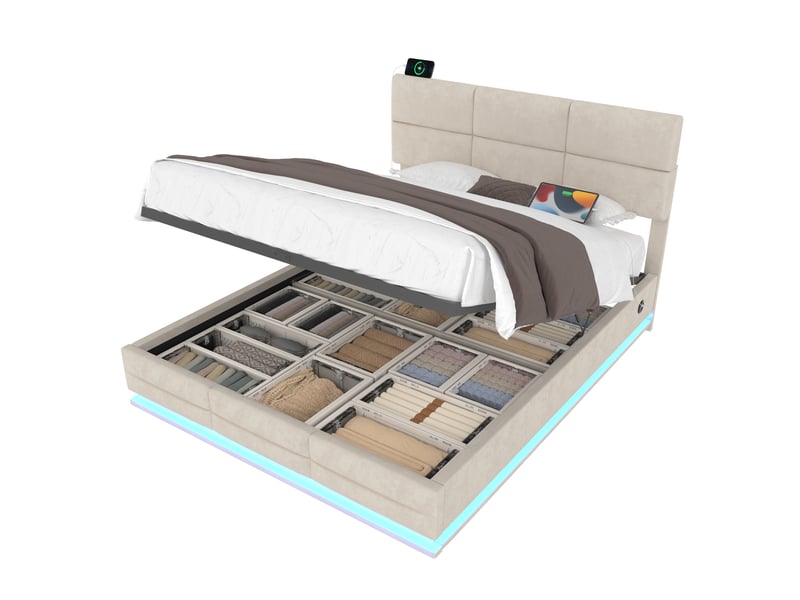  Lit coffre moderne 140 x 200 cm, velours, tête réglable, usb et type-c, led, hydraulique, beige, sans matelas  - Conforama A