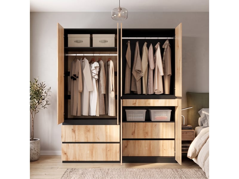 Armoire penderie 180 x 50 x 200 cm - référence n907a000033s - 6 portes - 5 tiroirs - 2 barres de penderie - chêne artisan et blanc - Conforama C