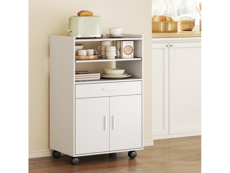  Meuble micro-ondes 59x40x92 cm blanc mdf, avec étagère ouverte, tiroir, placard 2 portes et roulettes  - Conforama D