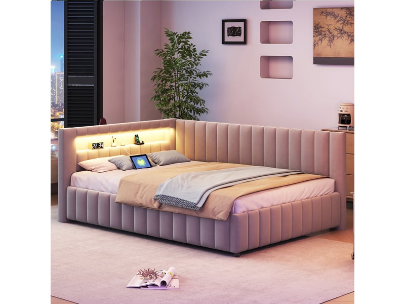 Lit banquette enfant rembourré 140 x 200 cm avec led et usb, velours gris Fay Lum - Conforama D