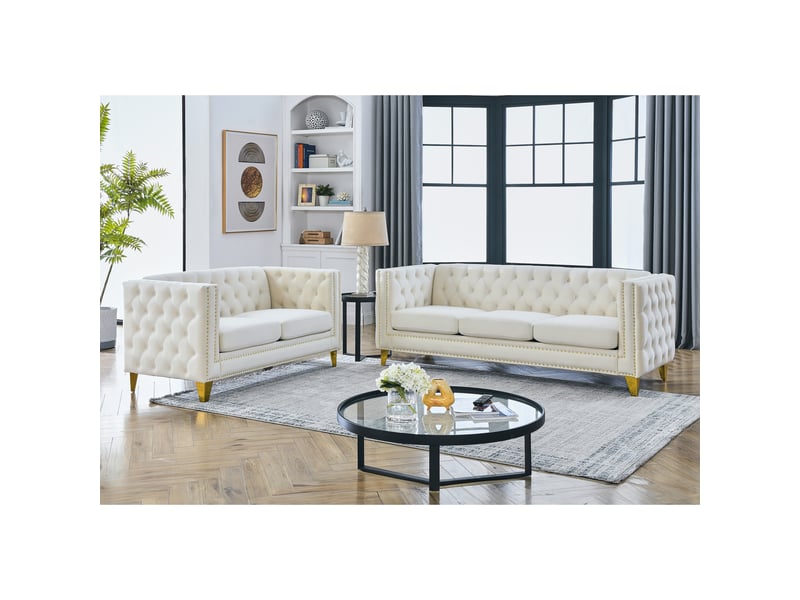 Canapé moderne - canapé en velours de style chelsfield, avec pieds dorés, boutons capitonnés, pour salon, beige, réf. W3349s00167 - Conforama A
