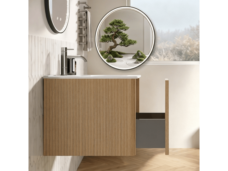 Ensemble meuble de salle de bain 60 cm suspendu couleur chêne avec miroir led ovale anti-buée - Conforama D