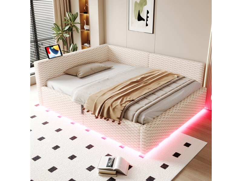  Lit banquette 140 x 200 cm beige en velours avec coffre hydraulique, dossier moelleux en l, led, ports usb type-c, rangement chambre moderne  - Conforama C