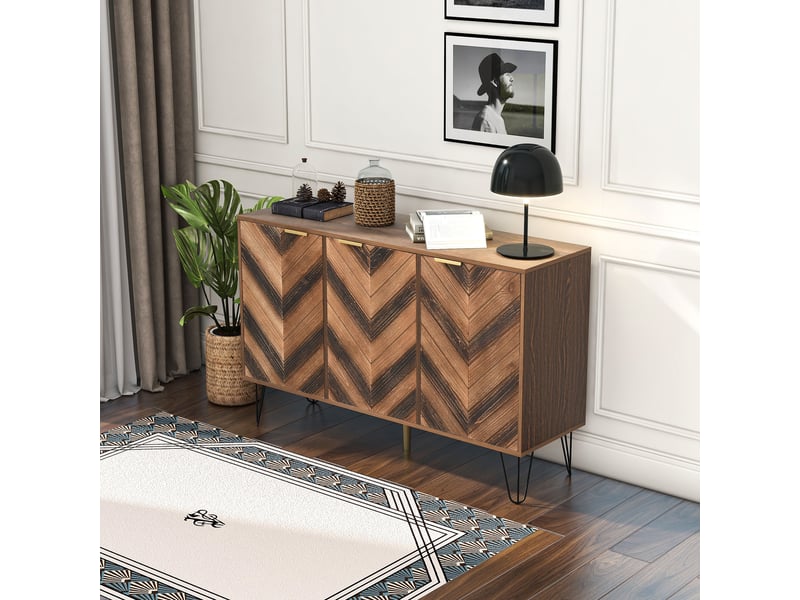  Buffet 3 portes bois naturel et noir, bahut 120 cm avec étagères, pieds en métal et poignées dorées  - Conforama E