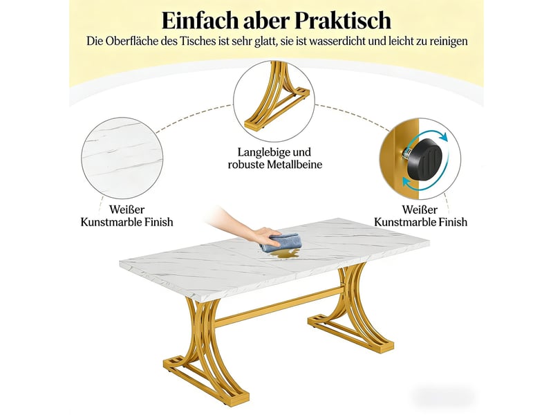  Table à manger,160x80x75 cm,4 à 6 personnes,marbre artificiel et métal,blanc et doré  - Conforama D