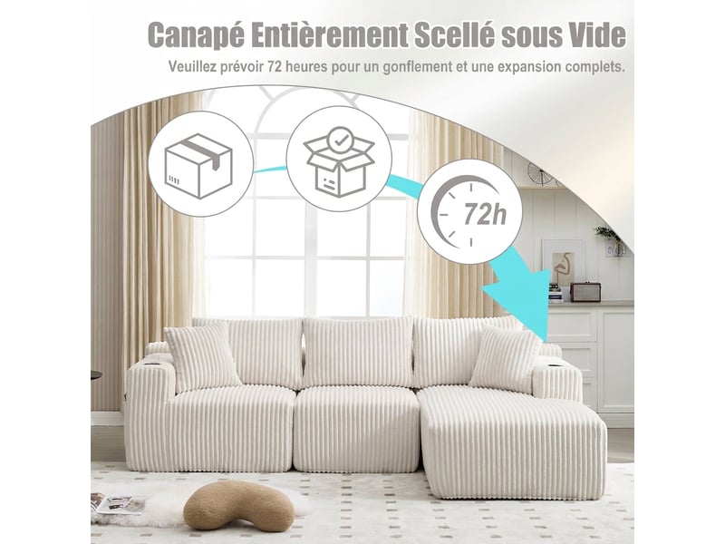  Canapé modulaire avec méridienne en velours côtelé 257x160x62 cm - 5 coussins et porte-gobelets  - Conforama D