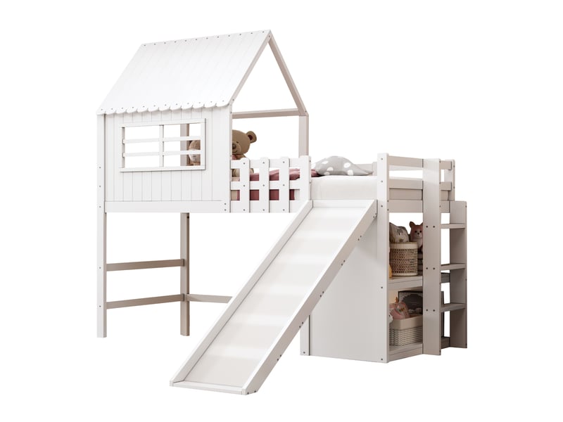  Elvmi lit enfant 90 x 200 cm en bois massif et mdf, design toit avec toboggan rallongé, échelle sécurisée, rangements intégrés et barrière de sécurité, blanc  - Conforama D