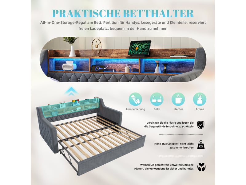  Canapé-lit 90x190 cm, lit enfant, couchage d'appoint, sommier à lattes, couchage gigogne extensible, led, velours gris foncé  - Conforama R