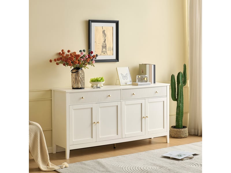  Buffet de salle à manger 160x40x82 cm, sideboard blanc 4 portes 2 tiroirs, meuble de rangement à poignées dorées - blanc  - Conforama D