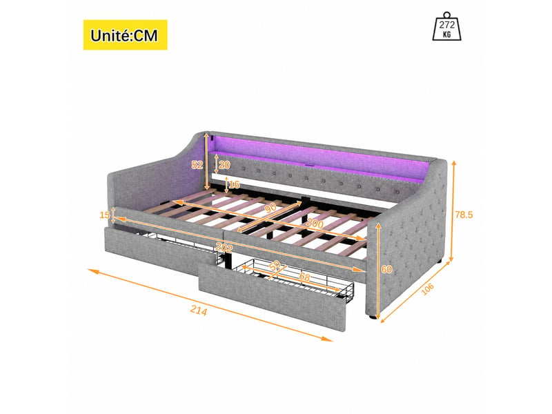 Lit banquette avec sommier à lattes, deux tiroirs, éclairage led à télécommande et prise usb, en lin gris - Conforama D