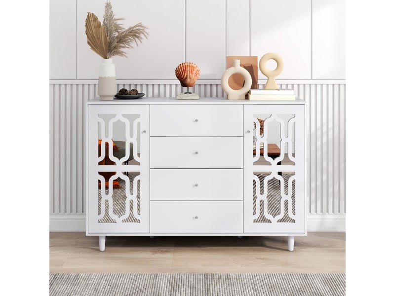  Buffet haut blanc avec 2 portes miroir et 4 tiroirs  - Conforama C