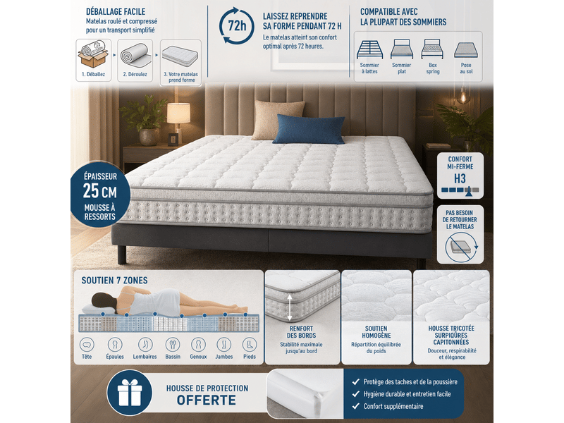  Matelas 7 zones ressorts ensachés 180x200 cm h3 25 cm hauteur hybride mousse froide respirant oeko-tex  - Conforama D