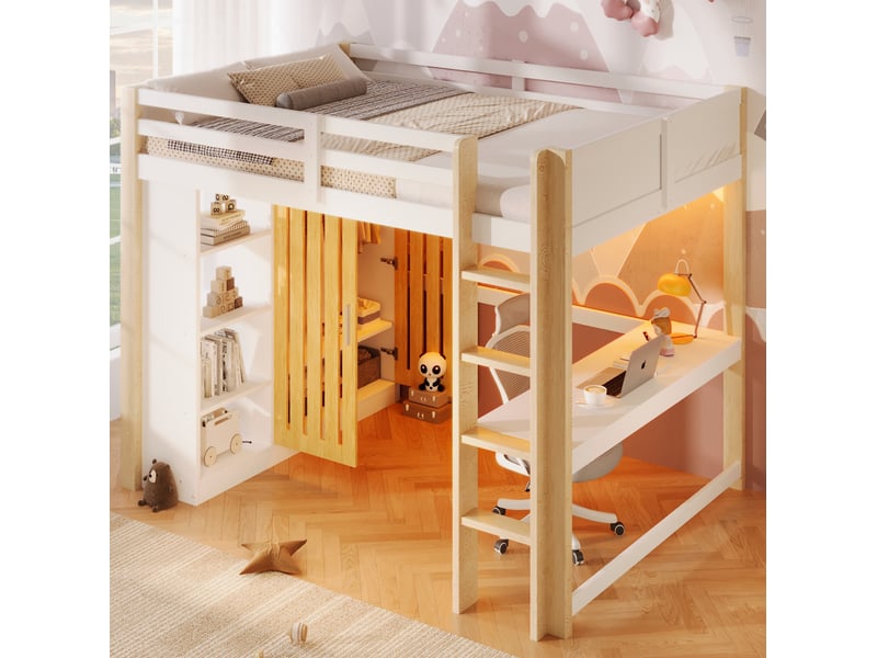  Lit mezzanine 140x200 cm avec bureau, armoire et led blanc et naturel  - Conforama D