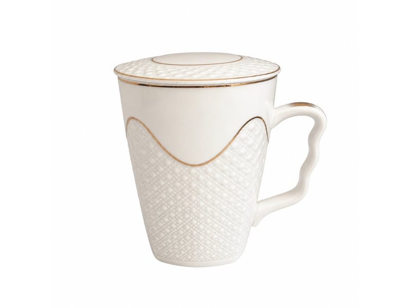 Mug en céramique avec couvercle, relief losanges et détails dorés, 380 ml - Conforama A