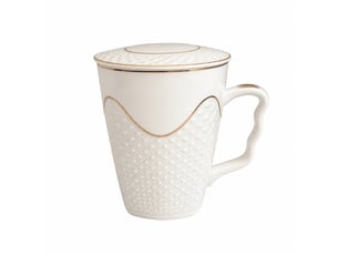 Mug en céramique avec couvercle, relief losanges et détails dorés, 380 ml