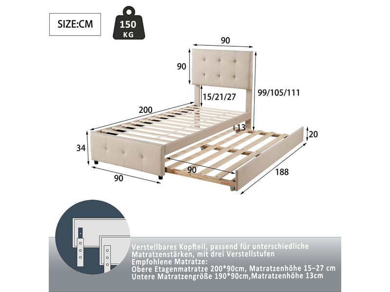  Lit gigogne 90x200 cm tête de lit réglable - lit simple - tissu lin respirant, design classique élégant pour enfant invité beige  - Conforama C