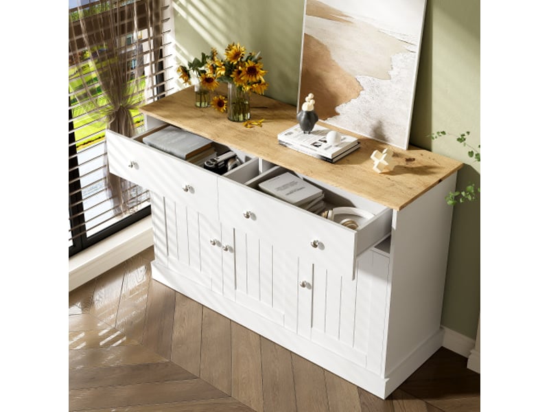  Buffet bass, meuble de rangement, avec texture gravée, 3 portes et 2 tiroirs, 120 x 36 x 80,5 cm, armoire de cuisine, blanc  - Conforama D