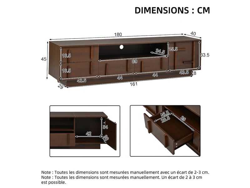  Meuble tv 180 cm pour écran 75 pouces - 4 tiroirs et niches - couleur noyer  - Conforama C