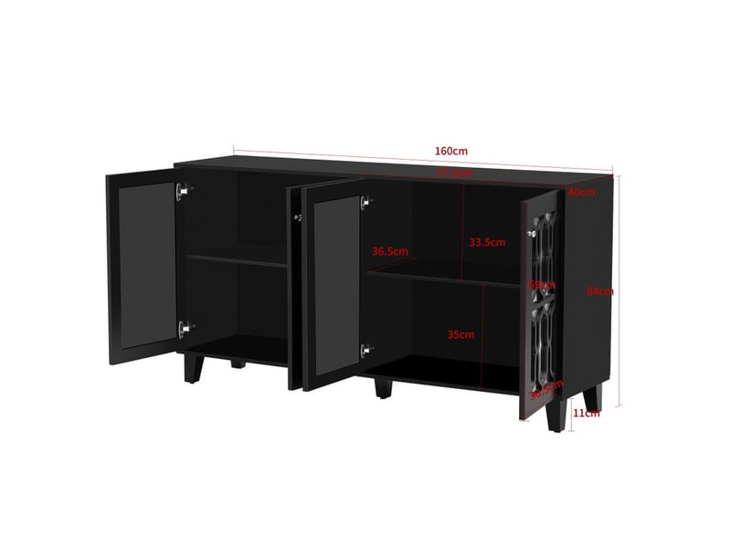  Buffet noir, avec 4 miroir portes et stratifié amovible, 160 x 40 x 84 cm, pour salon et salle à manger  - Conforama C