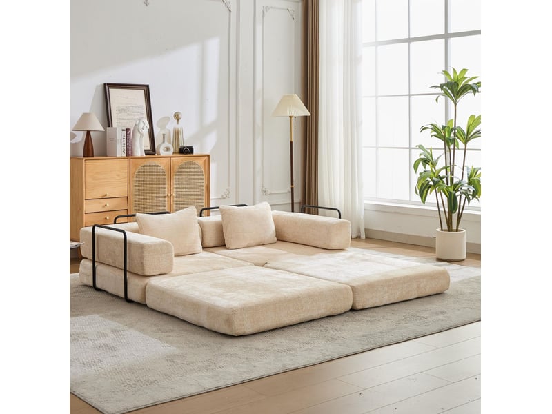  Canapé convertible modenvie modulable 2 places en tissu chenille beige, 200 x 100 x 63 cm  - Conforama B