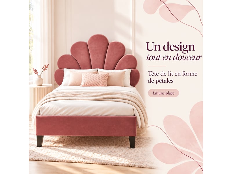  Lit enfant 90x200 cm en velours, lit simple rembourré avec sommier à lattes, tête de lit en forme de pétale réglable en hauteur, cadre de lit capitonné pour enfants et adolescents, rouge  - Conforama D